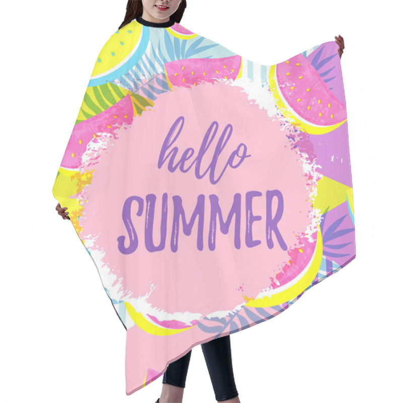 Personality  HELLO SUMMER Greeting Banner. Seamless Watermelon Pattern Isolated On Geometrci Pop Art Background. Hair Cutting Cape