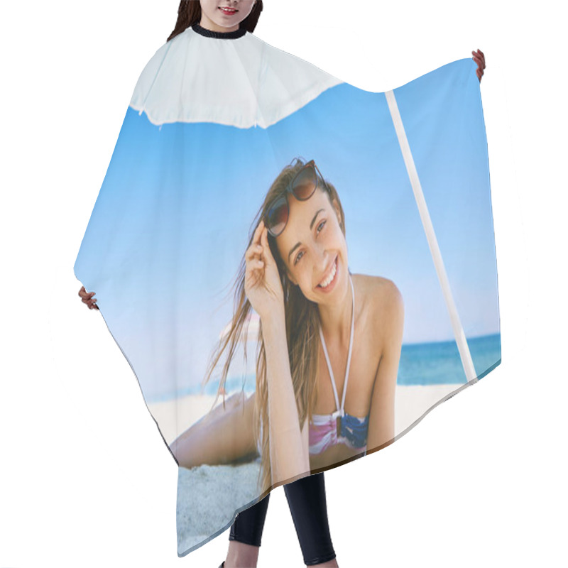 Personality  Portrait Of Beautiful Smiling Happy Woman Tanning In Sunglasses On Sandy Beach At Summer. Summer Vacation Concept. Hair Cutting Cape