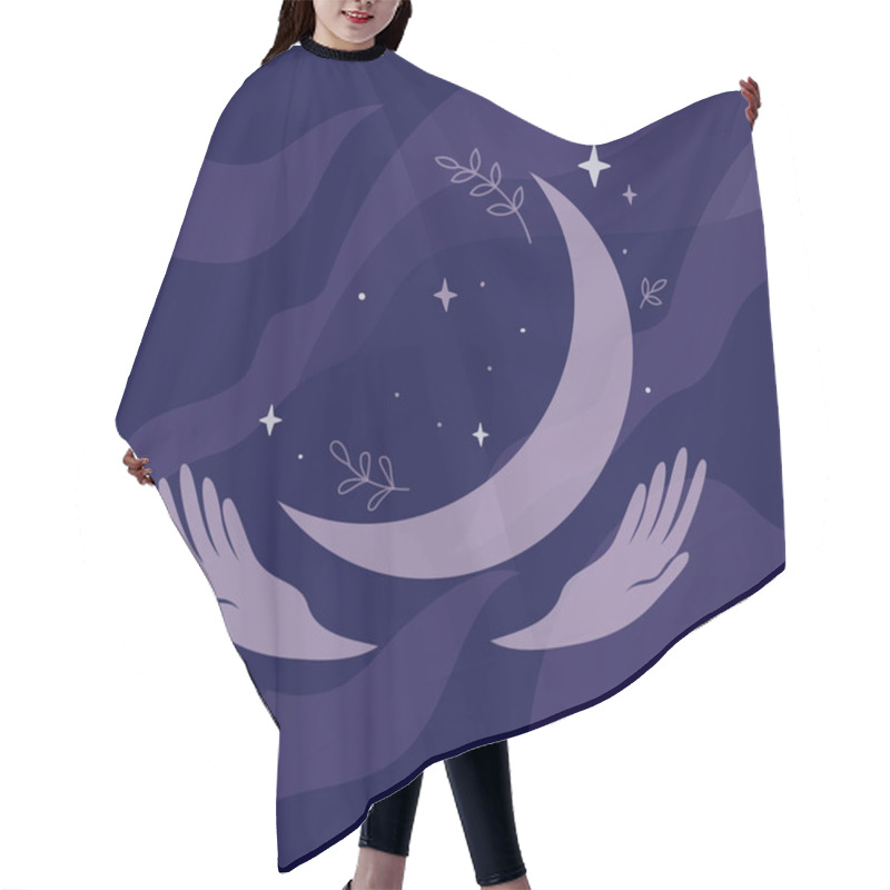 Personality  Human Hands Holding Crescent Moon With Stars And Herbs. Modern Witch Or Fortune Teller Concept. Dark Blue Night Sky. Abstract Logo Design For Tarot Cards. Vector Illustration For Poster, Print, Tattoo Hair Cutting Cape