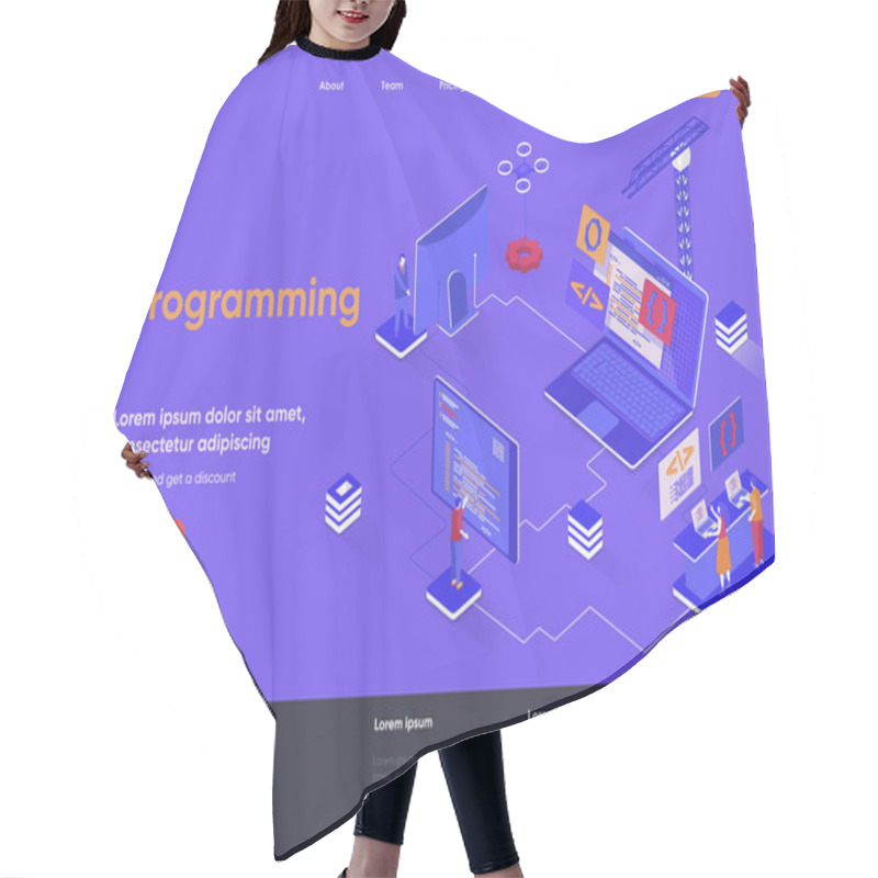 Personality  Programming Isometric Landing Page. Full Stack Software Development, Engineering, Programming Isometry Concept. Outsourcing Company Service Flat Web Page. Vector Illustration With People Characters. Hair Cutting Cape