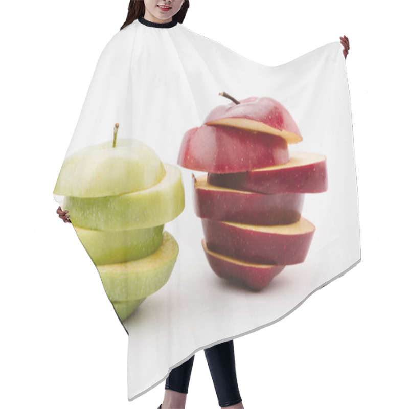 Personality  Sliced Golden And Red Delicious Apples On White Background Hair Cutting Cape