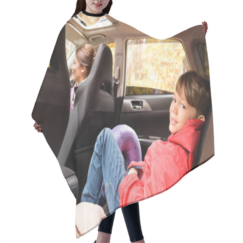 Personality  Smiling Boy In Back Seat Of Car Hair Cutting Cape