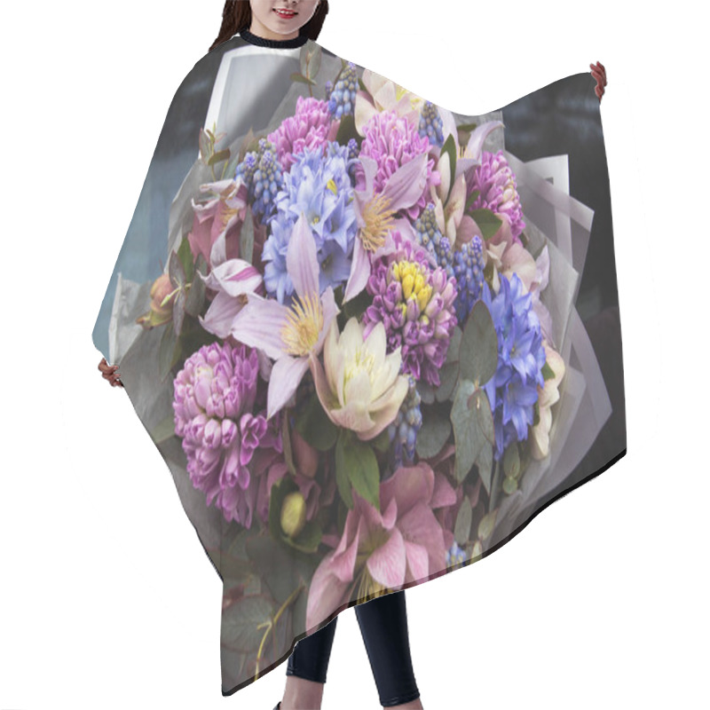 Personality  Beautiful Elegant Designer Pink Purple Blue Bouquet Of Florist With Different Flowers Close-up. Floral Background Hair Cutting Cape