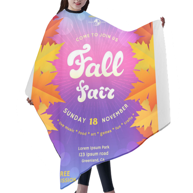 Personality  Fall Fair Poster Design. Template For Invitation. Customized Text And Abstract Maple Leaves. Bright Colorful Background With Shadows And Bokeh Effect. Vector Illustration. Hair Cutting Cape