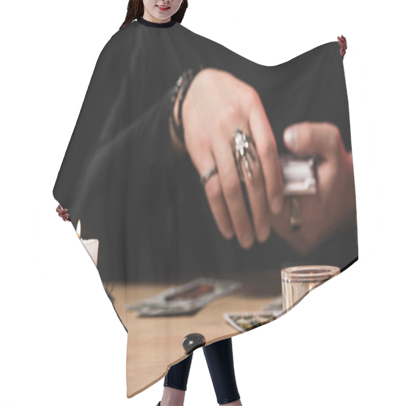 Personality  Selective Focus Of Burning Candles With Psychic Laying Tarot Cards On Background  Isolated On Black Hair Cutting Cape