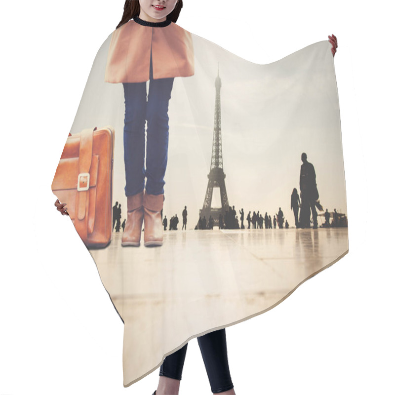 Personality  Female In Coat And Shoes Near Suitcase With Eiffel Tower On Background. Autumn Travel Season  Hair Cutting Cape