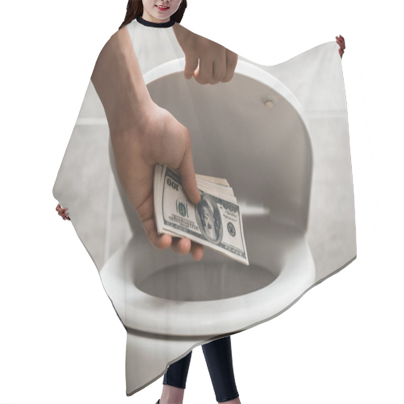 Personality  Cropped View Of Man Throwing Dollar Banknotes In Toilet Bowl Hair Cutting Cape