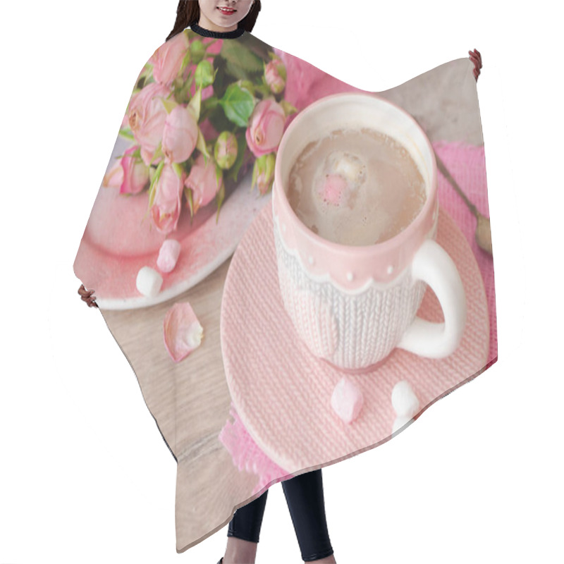 Personality  Cocoa Chocolate Cup With Hot Drink And White And Pink Marshmallow, Cacao In Mug With Pink Roses, Holiday Coffee House Shop, Romantic Decoration, Mug With Knitted Effect Hair Cutting Cape