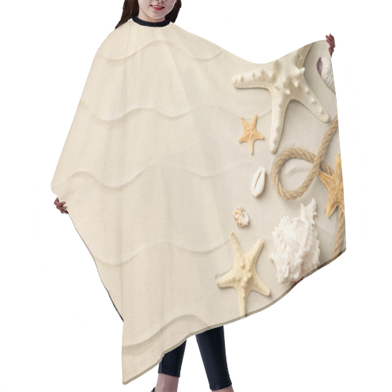 Personality  Beautiful Sea Stars, Shells And Rope On Sand, Flat Lay. Space For Text Hair Cutting Cape