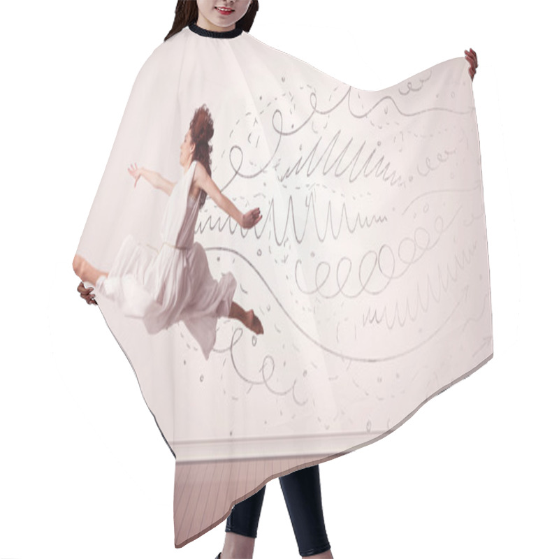 Personality  Pretty Woman Jumping With Hand Drawn Lines And Arrows Come Out Hair Cutting Cape