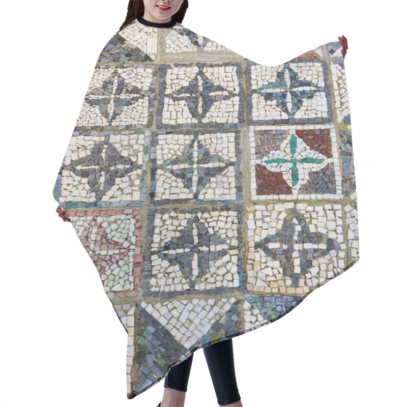 Personality  A Detailed Close-up Of An Ancient Mosaic Floor Featuring Geometric Cross Patterns In Various Colors, Primarily Using Black, White, And Earthy Tones. Each Tile Square Has A Distinct Cross-like Design, Created From Small, Carefully Arranged Stones. Hair Cutting Cape