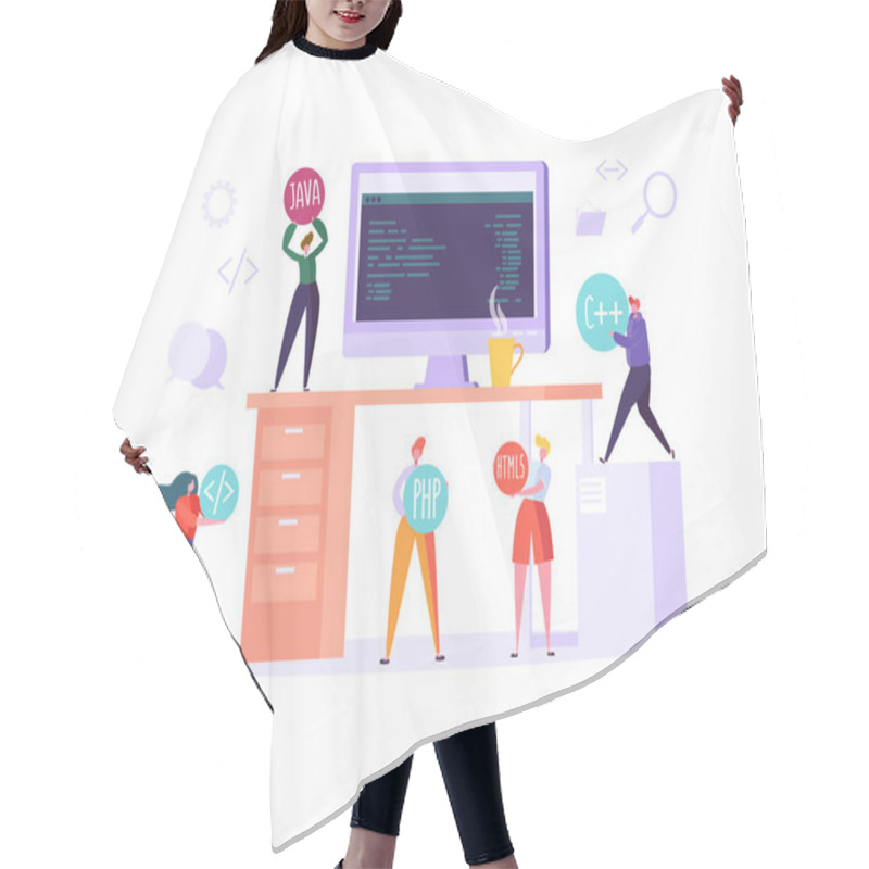 Personality  Software And Web Page Programming Concept. Programmer Characters Working On Computer With Code On Screen. Freelancer Workplace Coding. Vector Illustration Hair Cutting Cape