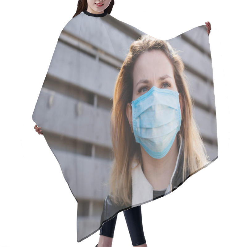 Personality  Young Woman In A Protective Mask Is Walking. Coronavirus Protection Concept Hair Cutting Cape