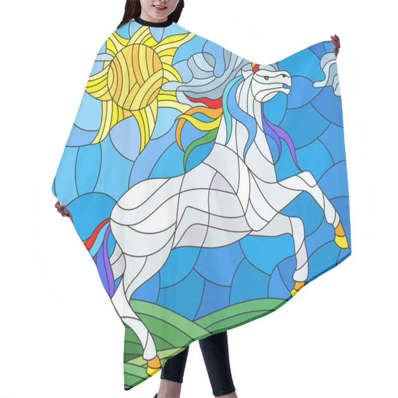 Personality  Illustration In Stained Glass Style With Fabulous White Unicorn Galloping On The Green Meadow On The Background Of The Cloudy Sky And Sun Hair Cutting Cape