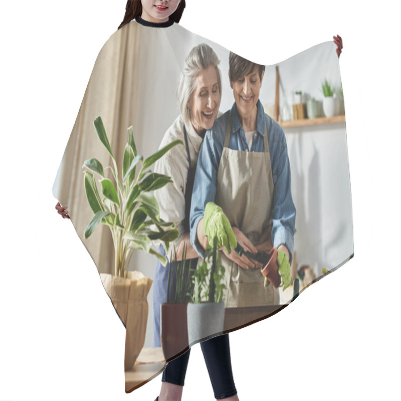 Personality  Two Women In Aprons Caring For Plants At Home. Hair Cutting Cape