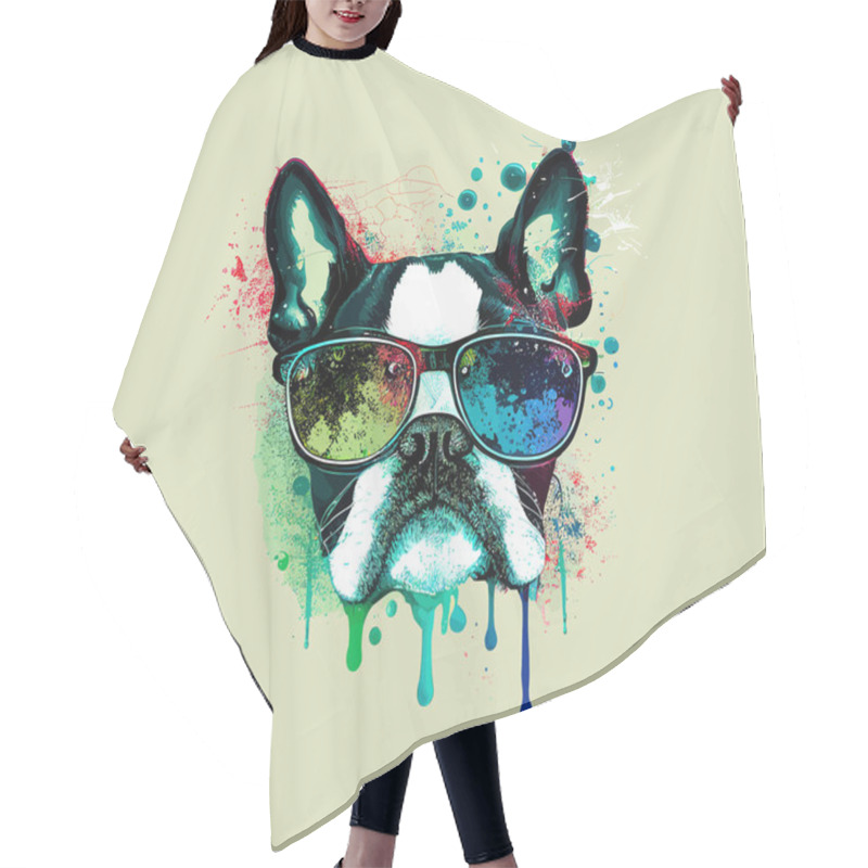 Personality  Boston Terrier Dog In The Glasses. Grime Art. Vector Illustration Desing. Hair Cutting Cape