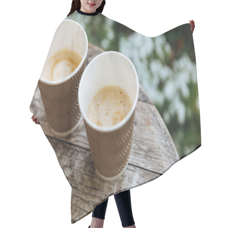 Personality  Close Up Of Wooden Round Table With Couple Of Paper Brown Cups Of Fresh Hot Coffee With Blur Background. Wake Up And Drinks Coffee Concept. Hair Cutting Cape