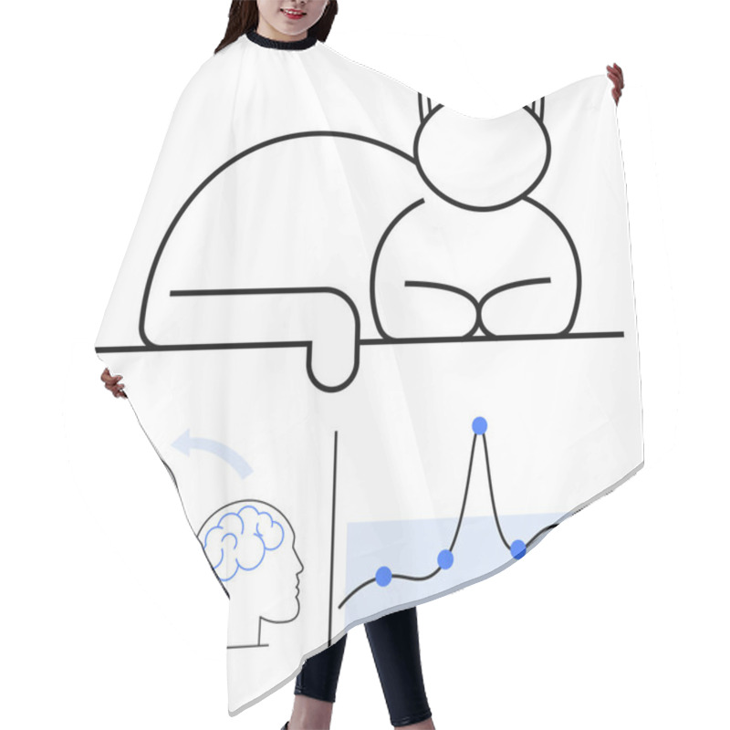 Personality  Minimalist Cat Outline Above Two Interconnected Brains And Line Graph With Peaks And Points. Ideal For Technology, Connection, Data Analysis, Mind Mapping, Animal Symbolism, Minimalism, Creativity Hair Cutting Cape