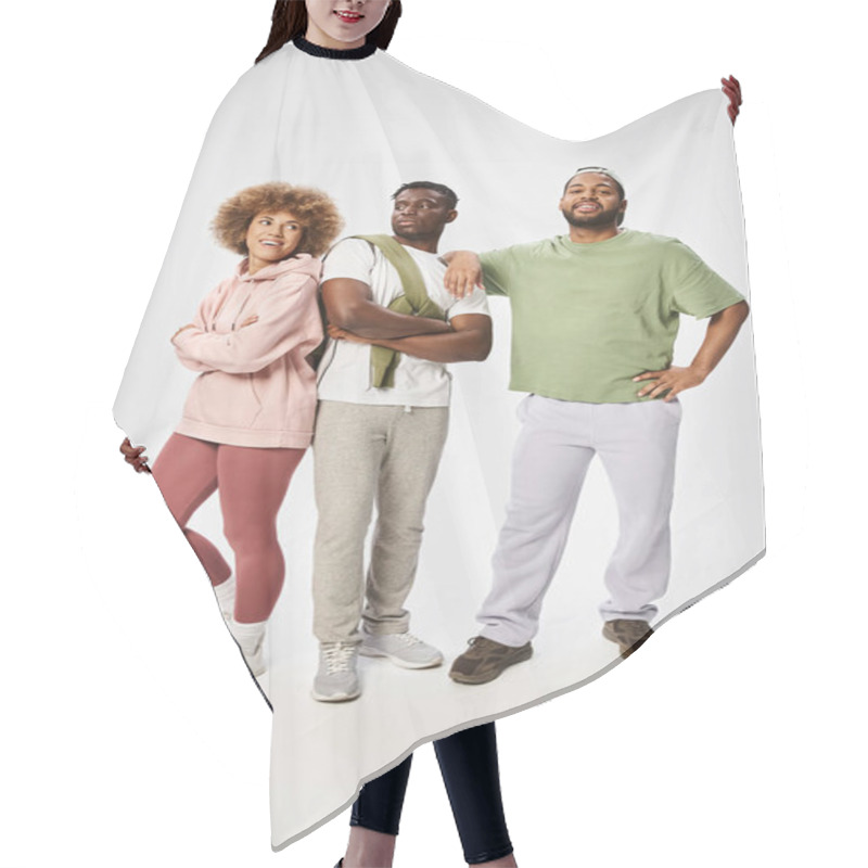 Personality  Excited African American Friends Posing Together On Grey Background, Juneteenth Celebration Hair Cutting Cape