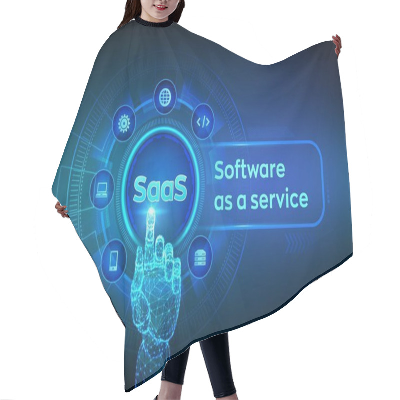 Personality  SaaS. Software As A Service. Internet And Technology Concept On Virtual Screen. Development Concept. SAAS Computing IOT Industry. Robotic Hand Touching Digital Interface. Vector Illustration. Hair Cutting Cape