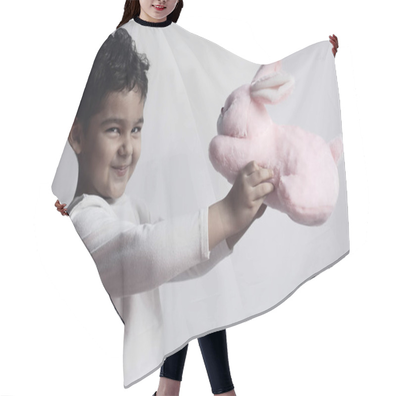 Personality  5 Years Adorable Little Kid Boy Playing With Plush Rabbit Bunny Toy Hair Cutting Cape