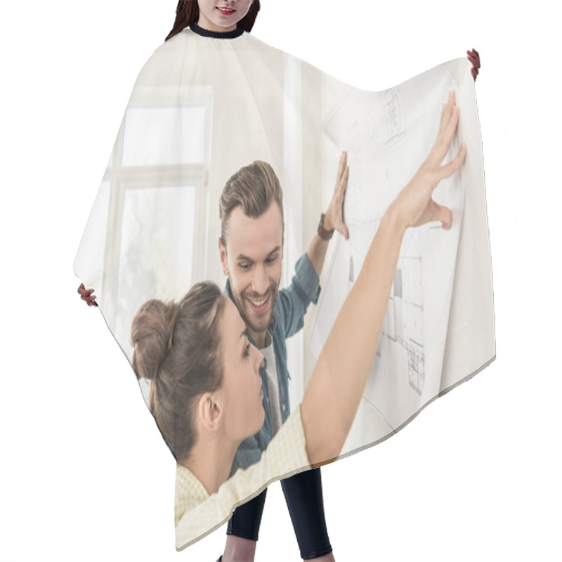 Personality  Young Couple Holding Blueprint At Wall During Renovation In New Apartment Hair Cutting Cape