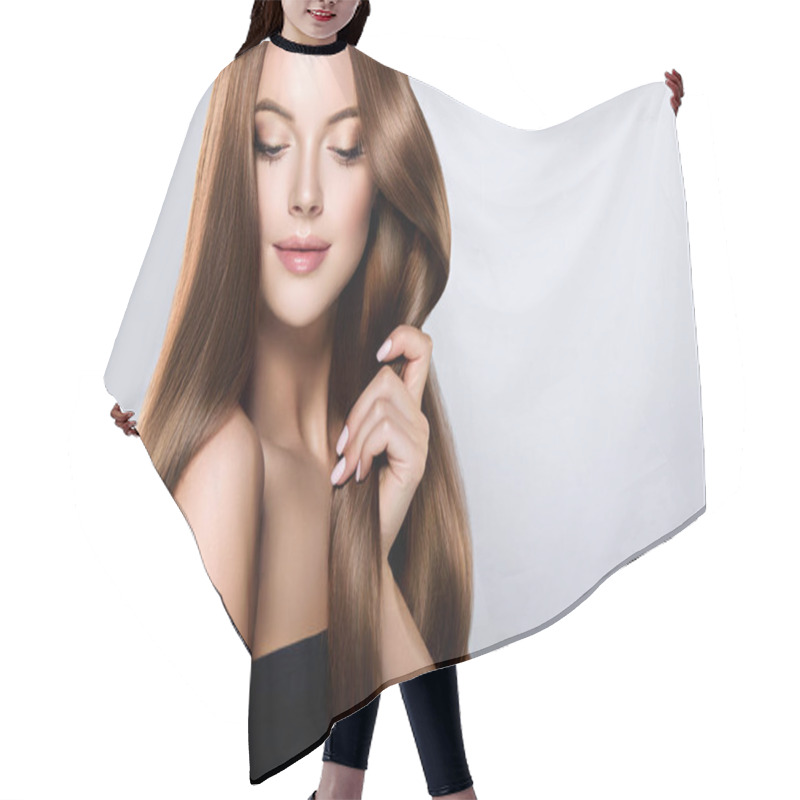 Personality  Girl With  Brown And Straight Long  Hair . Hair Cutting Cape