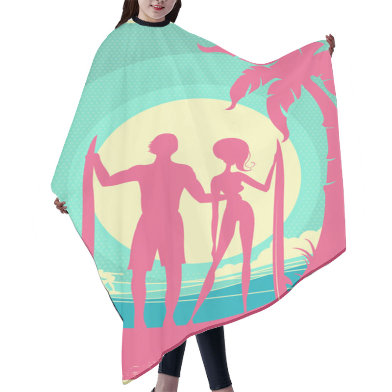 Personality  Lovely Couple Of Surfers And Blue Sea Waves On Vector Poster Bac Hair Cutting Cape