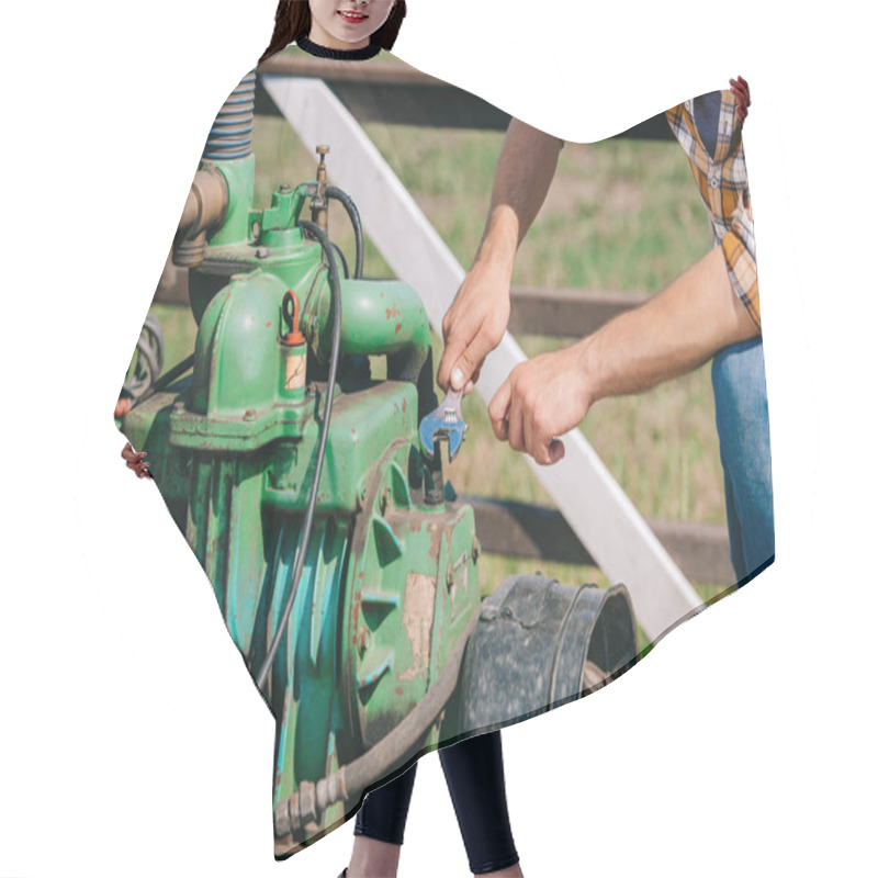 Personality  Cropped Shot Of Farmer Holding Wrench And Fixing Engine Hair Cutting Cape