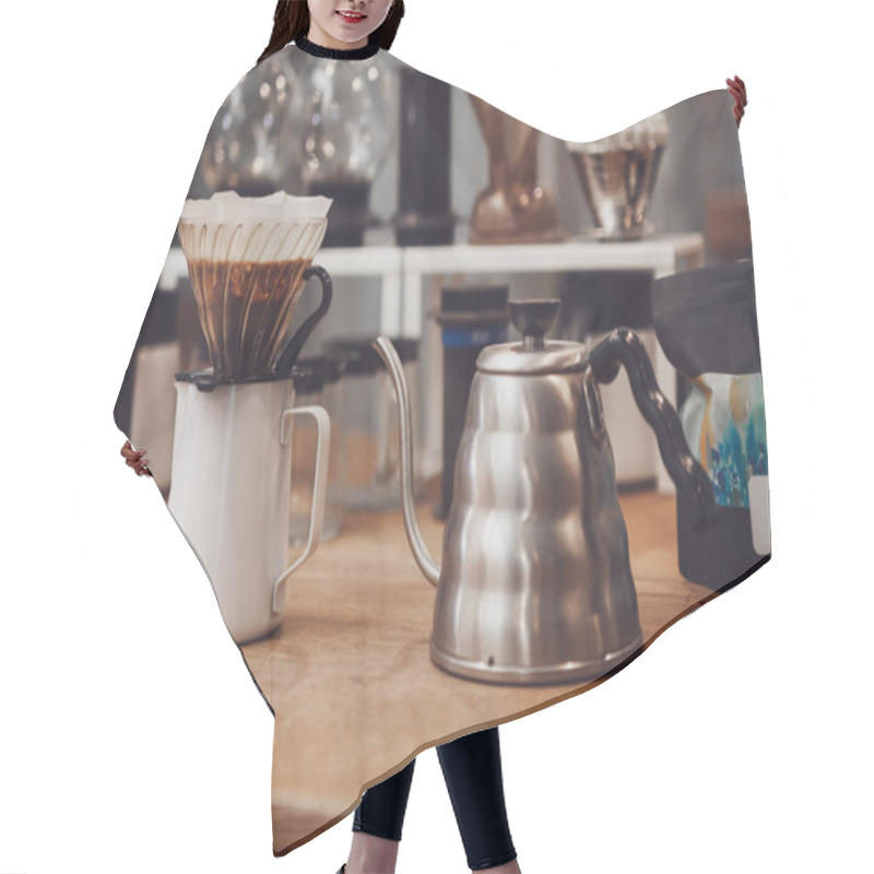 Personality  Pour Over Coffee In Funnel. Alternative Method Hair Cutting Cape