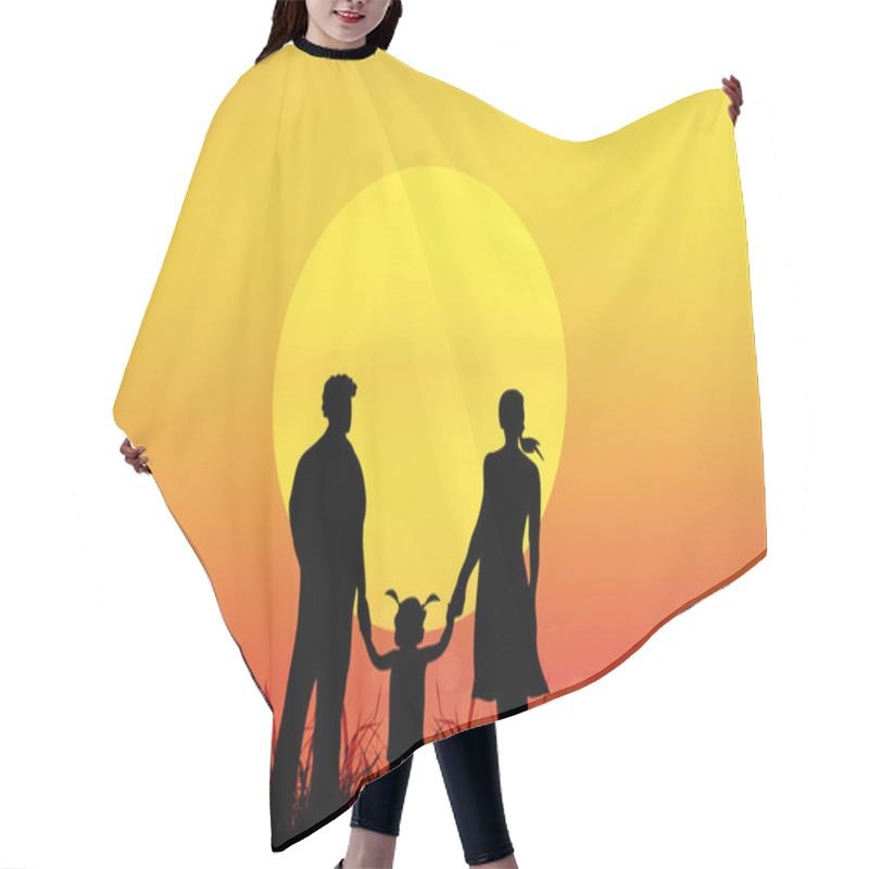 Personality  Happy Family On A Beautiful Sunset.Nature Season.Vector Hair Cutting Cape