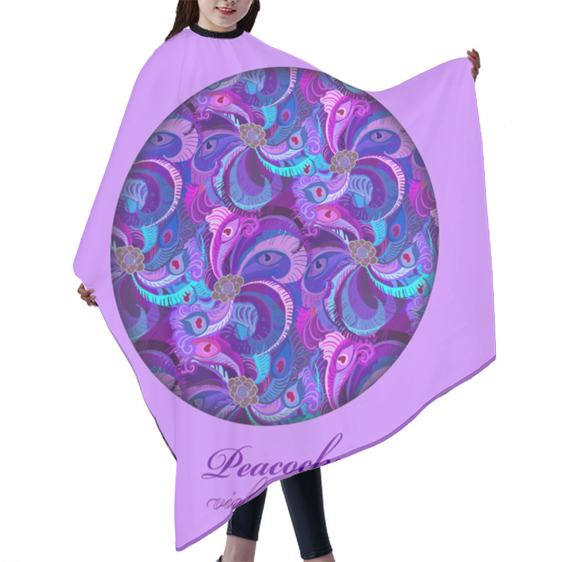 Personality  Violet, Lilac And Blue Peacock Feathers. Circle Design. Text Place. Hair Cutting Cape