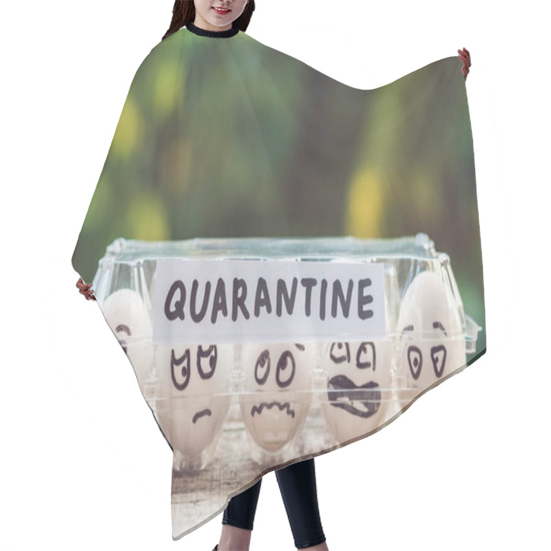 Personality  Eggs With Funny Faces In Paper Box With Word Quarantine Hair Cutting Cape