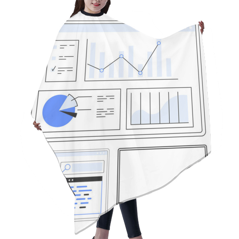 Personality  Data Analysis Dashboard With Various Charts Including Line Graph, Pie Chart, And Bar Graph Displayed On Computer Screens. Ideal For Business Analytics, Presentations, Reports, Data Visualization Hair Cutting Cape