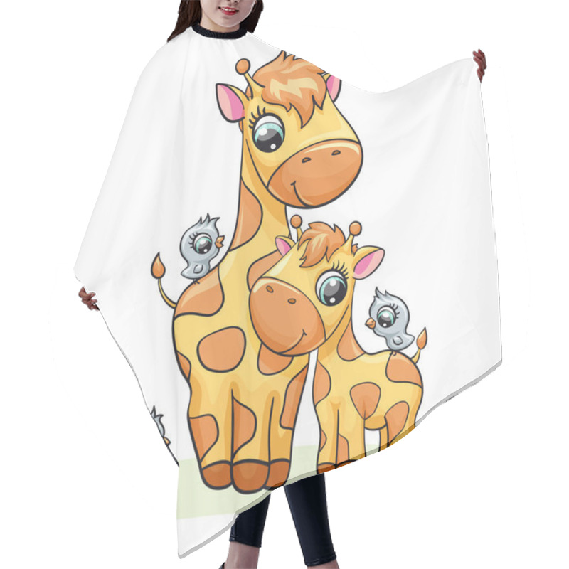 Personality  Giraffe Baby With Mom Cute Print. Sweet Tiny Family With Bird. Cool African Friends Hair Cutting Cape