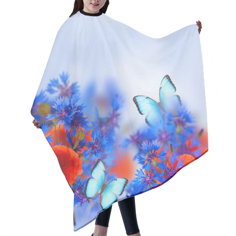 Personality  Summer Field Flowers With Blue Butterflies, With Copy Space Hair Cutting Cape