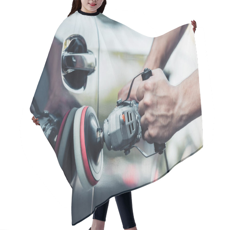 Personality  Cropped View Of Car Cleaner Polishing Car With Buffer Machine Hair Cutting Cape