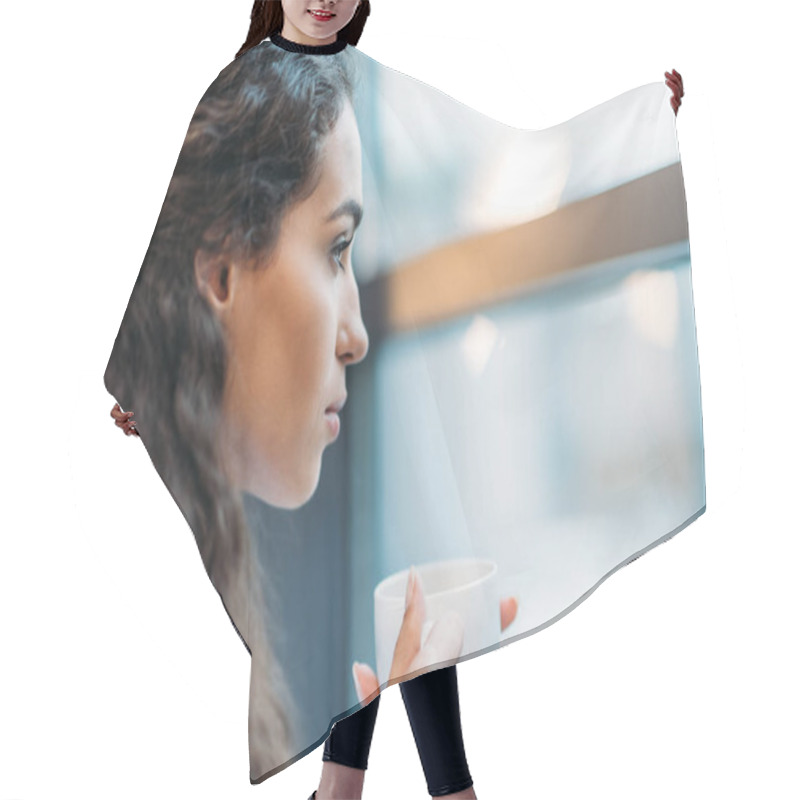 Personality  Businesswoman With Coffee Cup Hair Cutting Cape