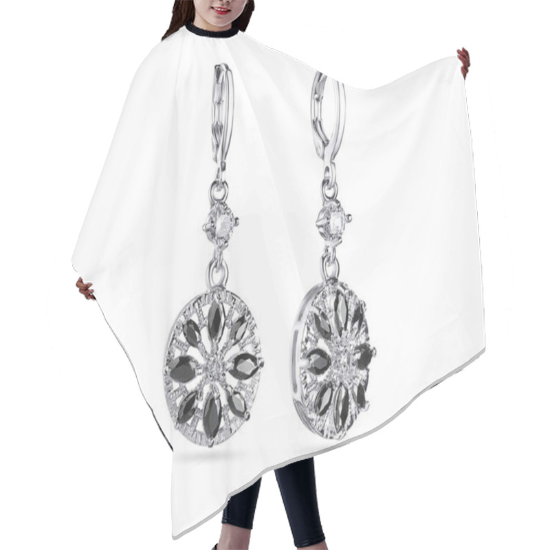 Personality  Drop Earrings With Black Crystals On White Background, Jewelry Hair Cutting Cape