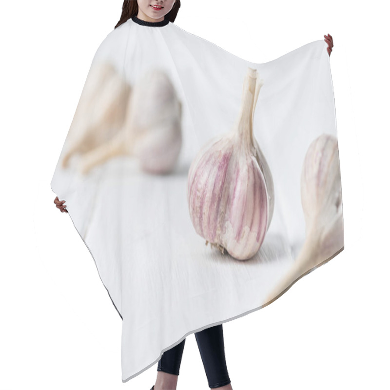 Personality  Garlic Bulbs On White Wooden Table Hair Cutting Cape