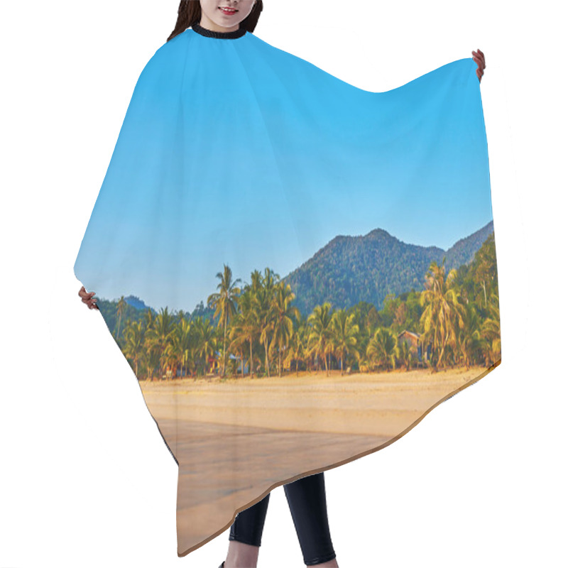 Personality  Summer Nature Background. Beautiful Exotic Beach Of Golden Sand Full Of Palm Trees In A Jungle. Summer Nature Scene During Sunrise. Early Morning Sun Floods The Sand Beach. Vacantion Concept. Hair Cutting Cape