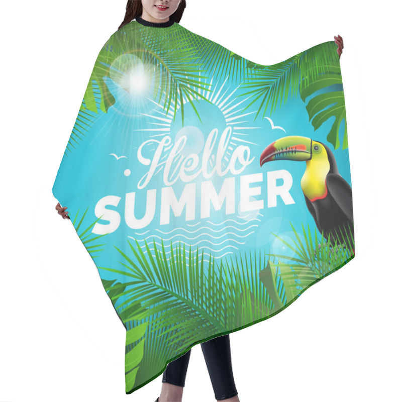 Personality  Vector Hello Summer Holiday Typographic Illustration With Toucan Bird And Tropical Plants On Blue Background. Design Template With Green Palm Leaf For Banner, Flyer, Invitation, Brochure, Poster Or Hair Cutting Cape