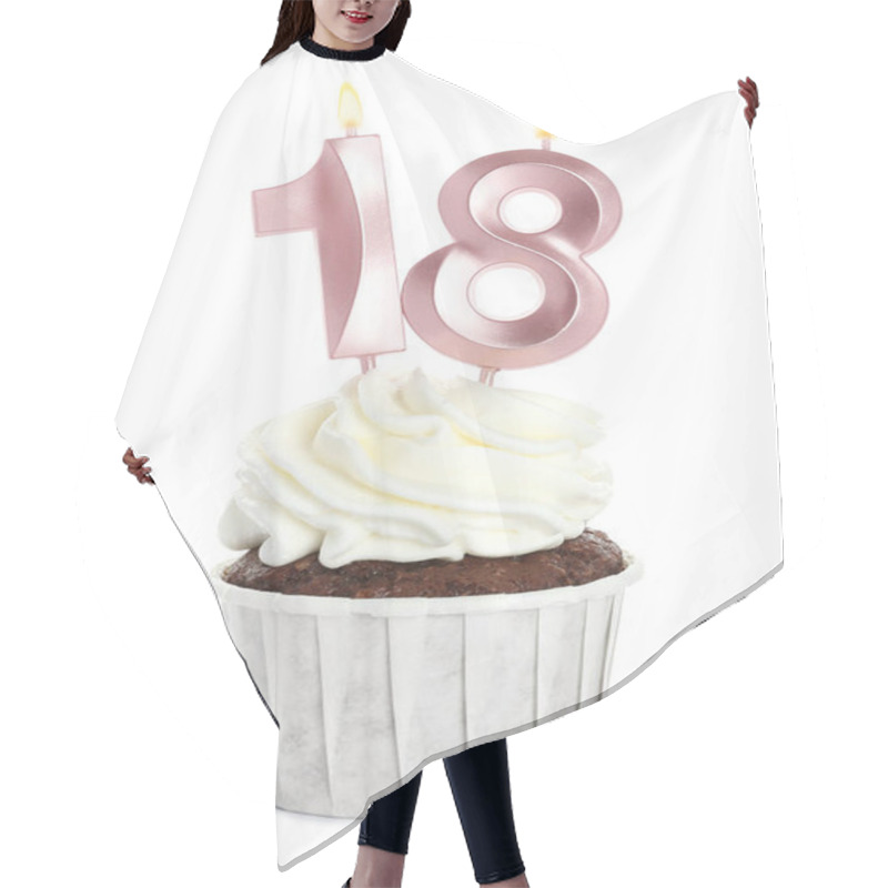 Personality  Delicious Cupcake With Number Shaped Candles On White Background. Coming Of Age Party - 18th Birthday Hair Cutting Cape