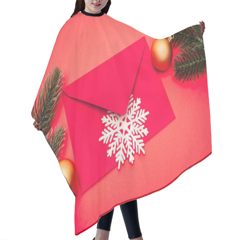 Personality  Top View Of Snowflake, Baubles, Fir And Envelope On Red Background Hair Cutting Cape