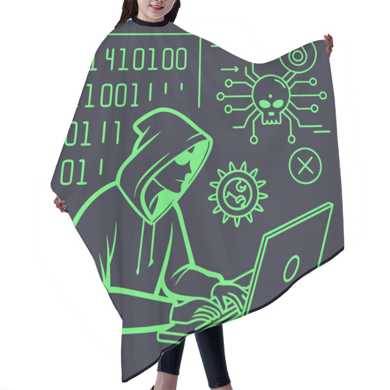 Personality  A Bold Vector Featuring Hacker Motifs In Neon Green Against Dark Backgrounds, Symbolizing Cybersecurity, Hacking Culture, And Technology. Hair Cutting Cape