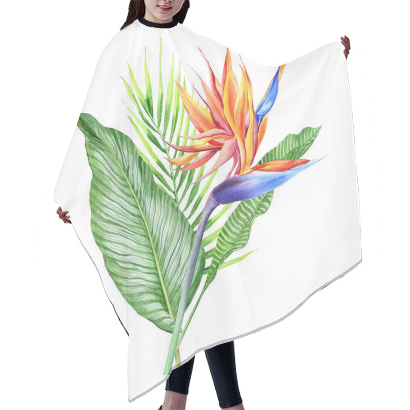 Personality  Watercolor Bouquets With Tropical Plants, Leaves And Strelitzia Flowers. Great For Valentines, Wedding Invites, Hawaii Birthday And Beach Party Hair Cutting Cape