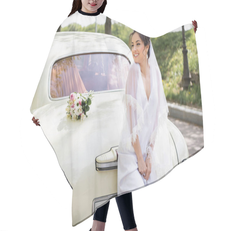 Personality  Happy Bride In Wedding Dress Standing Near Bouquet On Retro Auto  Hair Cutting Cape