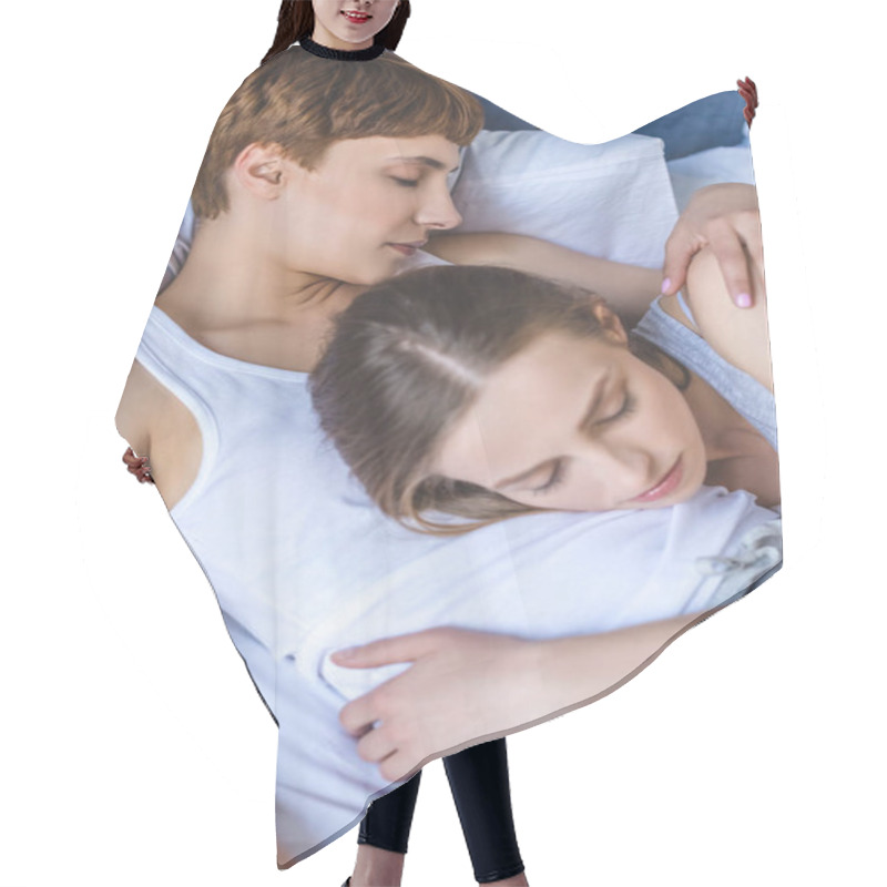 Personality  Beautiful Young Lesbian Couple Sleeping And Embracing In Bed Hair Cutting Cape