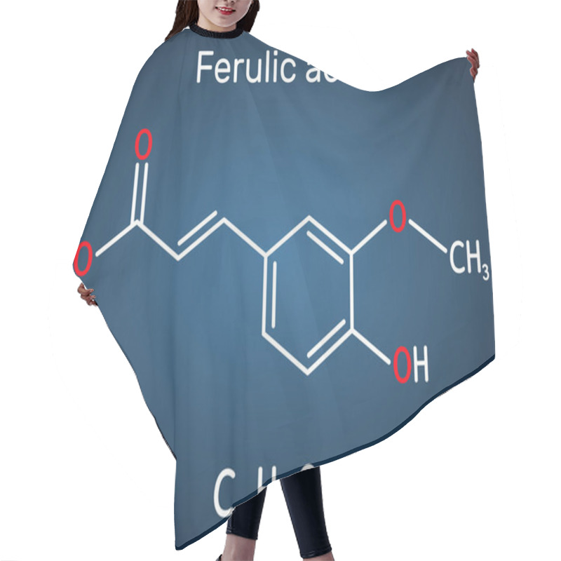 Personality  Ferulic Acid, Coniferic Acid, C10H10O4 Molecule. It Is Phenolic Acid, An Antioxidant, An Anti-inflammatory Agent, An Apoptosis Inhibitor, A Cardioprotective Agent. Structural Chemical Formula On The Dark Blue Background Hair Cutting Cape