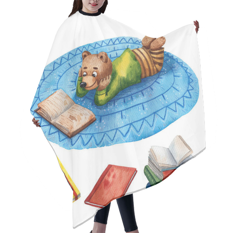 Personality  Watercolor Illustration Of Cute Bear. Pupil Character. Elementary School Illustration. Cartoon Style. School Books. Drawing Book Illustration. Little Clever Boy With Books. Children Library. Hair Cutting Cape